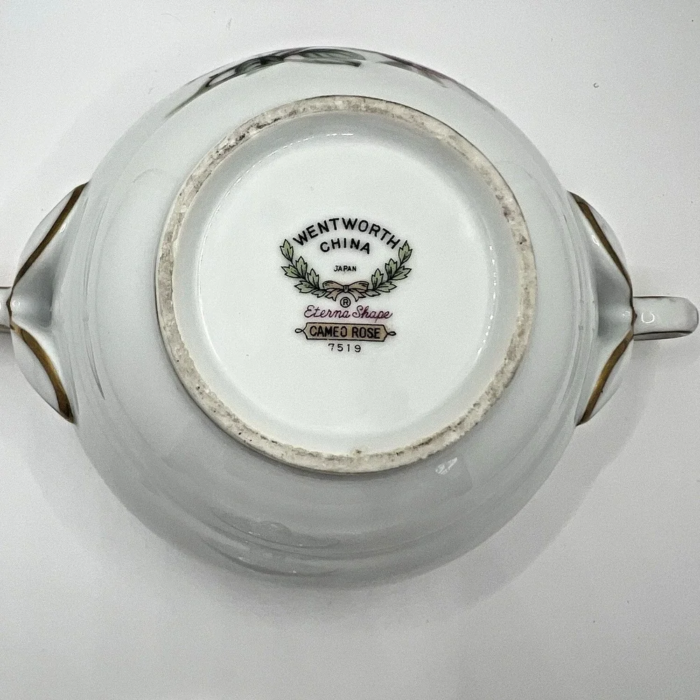 Wentworth China Cameo Rose Creamer and Covered Sugar Bowl Eterna Shape Gold Trim